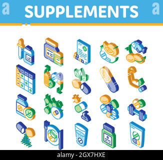 Suppléments Isométrique éléments icônes définir le vecteur Illustration de Vecteur