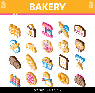 Boulangerie savoureux aliments Isométrique Icons Set Vector Illustration de Vecteur