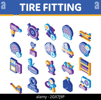Les icônes Isométriques de l'entretien des raccords de pneus définissent le vecteur Illustration de Vecteur