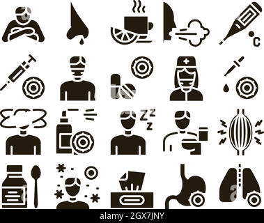 Symptômes de la grippe Medical Glyph Set Vector Illustration de Vecteur