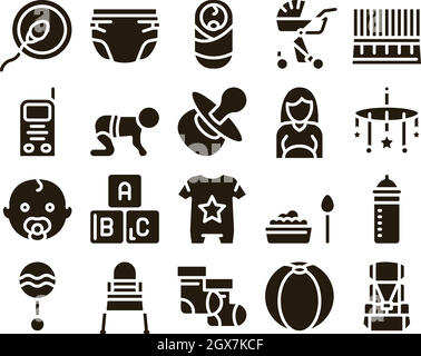 Vêtements et outils pour bébés Glyph Set Vector Illustration de Vecteur