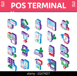 Les icônes isométriques du terminal POS définissent le vecteur Illustration de Vecteur