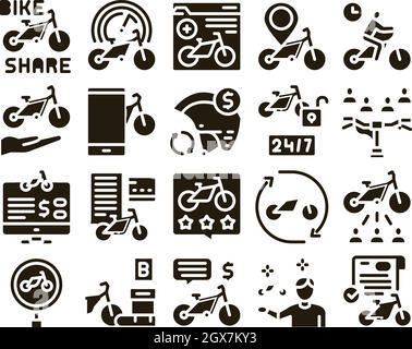 Vecteur de jeu de glyphes professionnels de partage de vélos Illustration de Vecteur