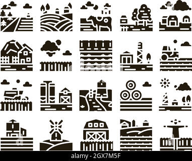 Vecteur de jeu de glyphes de paysage agricole Illustration de Vecteur