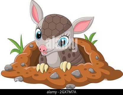 Dessin animé mignonne bébé armadillo hors d'un trou Illustration de Vecteur