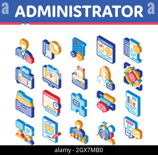 Les icônes isométriques d'entreprise de l'administrateur définissent le vecteur Illustration de Vecteur