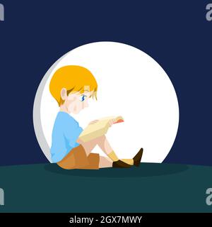 Petit garçon enfant enfant assis lecture Livre vue latérale dessin animé Illustration de Vecteur
