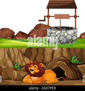 Lion en position allongée dans le style de dessin animé de parc animal sur la grotte et bien fond Illustration de Vecteur