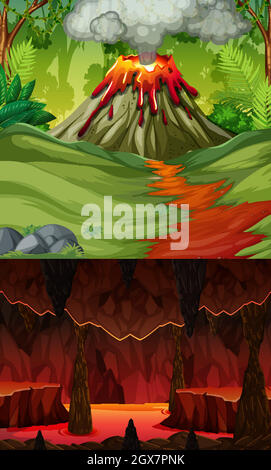 Éruption volcanique en forêt et grotte infernale avec scène de lave Illustration de Vecteur