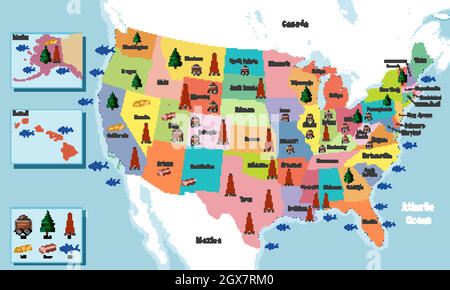 Carte des États-Unis d'Amérique avec noms d'États Illustration de Vecteur