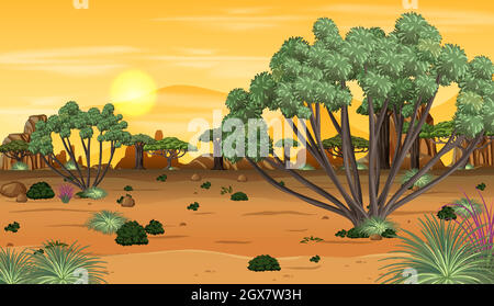 Paysage forestier africain au coucher du soleil Illustration de Vecteur