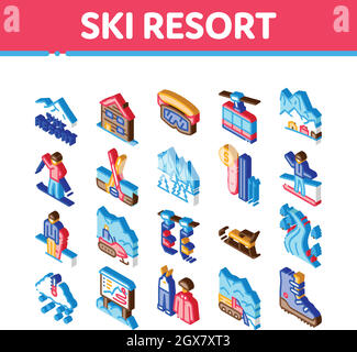 Station de ski vacances Isométrique icônes Set Vector Illustration de Vecteur