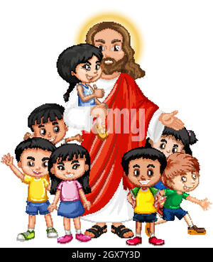 Jésus avec un personnage de dessin animé de groupe d'enfants Illustration de Vecteur
