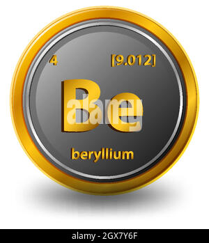 Élément chimique en béryllium. Symbole chimique avec numéro atomique et masse atomique. Illustration de Vecteur