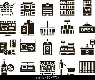 Epicerie Shopping Glyph Set Vector Illustration de Vecteur