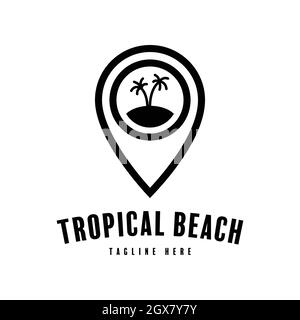 logo représentant un pointeur sur une île tropicale. design de la silhouette de l'épingle de positionnement pour la carte de la plage tropicale Illustration de Vecteur