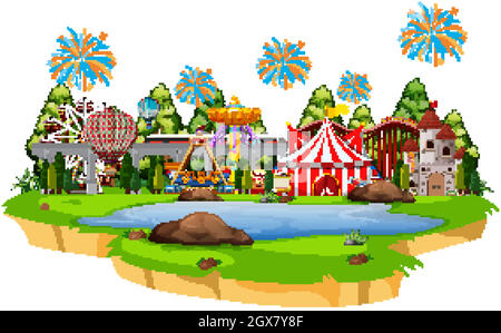 Scène avec de nombreuses manèges dans le parc de cirque Illustration de Vecteur