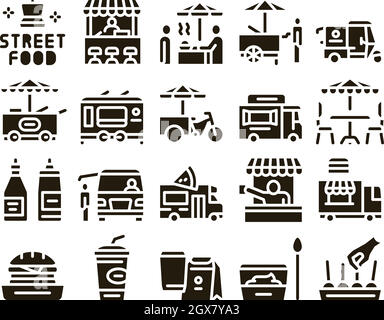 Street Food and Drink Glyph Set Vector Illustration de Vecteur