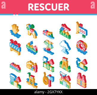 Le vecteur est défini pour les icônes isométriques de l'équipement de secours Illustration de Vecteur