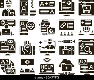 Vecteur de jeu de glyphes en ligne pour les conseils d'un médecin Illustration de Vecteur