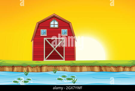 Décor de grange rouge coucher de soleil Illustration de Vecteur