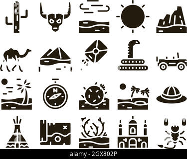 Desert Sandy Landscape Glyph Set Vector Illustration de Vecteur