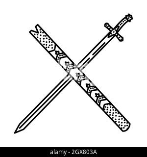Épée historique d'Abu Bakr Al Siddiq une partie des objets historiques musulmans dessin à la main Icon Set Vector. Illustration de Vecteur