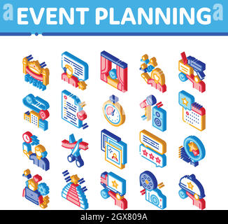 Planification de la partie d'événement Isométrique icônes définir le vecteur Illustration de Vecteur