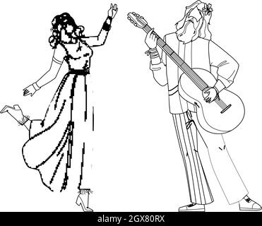 Hippie couple danse et jouer sur Guitar Vector Illustration de Vecteur