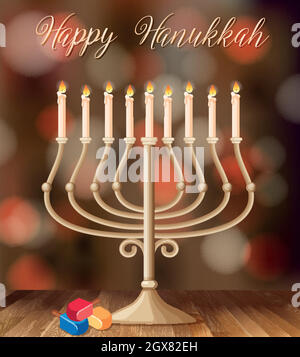 Modèle de carte Happy Hanukkah avec chandelier et lumières Illustration de Vecteur