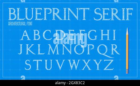 Police d'architecture BluePrint. Lettres majuscules sérif. Arrière-plan de conception de plan vectoriel d'esquisse. Illustration de Vecteur