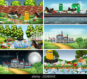 Ensemble de scènes polluées Illustration de Vecteur