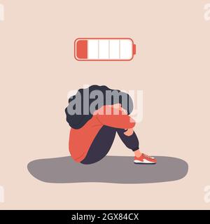 Professionnel. Fille épuisée avec batterie faible, assise sur le sol et pleurs. Problème de santé mentale. Échéance, stress et fatigue. Vecteur Illustration de Vecteur
