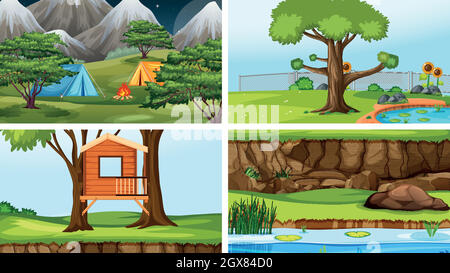 Ensemble de scènes dans le cadre de la nature Illustration de Vecteur