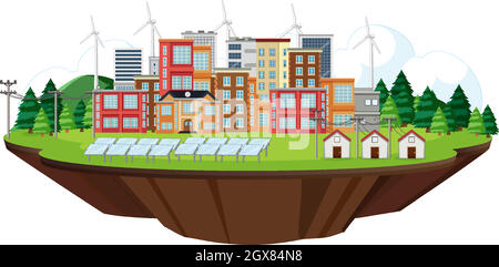 Scène avec la ville et l'énergie propre dans le champ Illustration de Vecteur