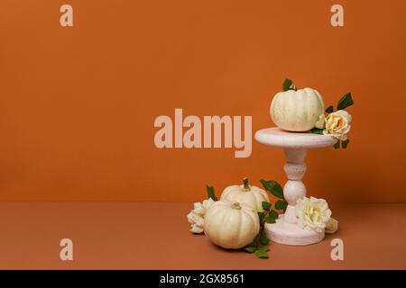 Concept de la vie d'automne avec podium, citrouilles blanches et fleurs sur fond orange Banque D'Images