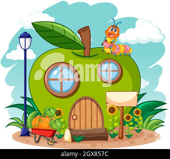 Maison de pomme verte et ver mignon dans le style de dessin animé de jardin sur fond de ciel Illustration de Vecteur