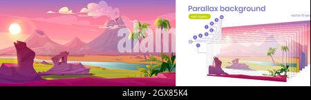 Paysage préhistorique avec éruption volcanique, rivière et palmiers. Arrière-plan de parallaxe vectoriel pour l'animation 2d avec illustration de la scène de la nature jurassique avec montagnes avec cratère fumeur Illustration de Vecteur