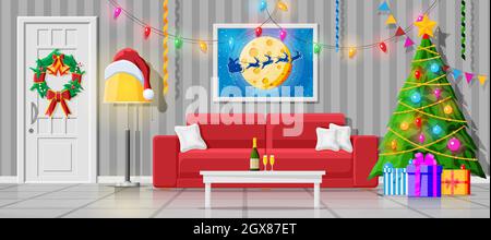 Intérieur confortable du salon de Noël Illustration de Vecteur
