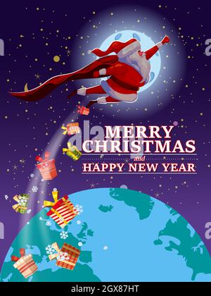 Le Père Noël est drôle comme le super-héros portant le cap volant dans l'espace au-dessus de la Terre donnant des boîtes-cadeaux. Affiche de Noël Joyeux style de dessin animé Illustration de Vecteur