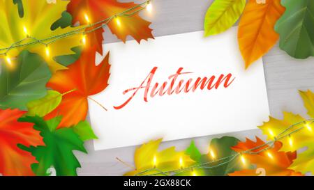 Feuilles d'érable et de chêne d'automne, guirlande brillante et carte en papier avec inscription automne sur fond de bois Illustration de Vecteur