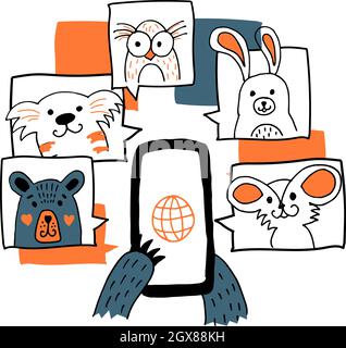 Illustration concept de la vidéo conférence, de la réunion en ligne, du travail de la page d'accueil. Appelez en ligne. Style de caniche vectoriel dessiné à la main. Badge, étiquette pour vêtements Illustration de Vecteur