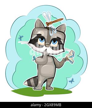 Bébé Raccoon aime les papillons. Personnages du stand d'enfant. Libellule drôle. Un jeune animal. Joli dessin animé. Design comique. L'illustration clipart est Illustration de Vecteur