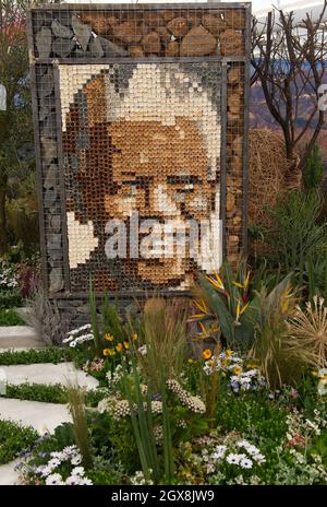 Un portrait de Nelson Mandela réalisé à partir de graines de fleurs séchées de protea est en vue lors de la journée de prévisualisation VIP au salon des fleurs de Chelsea, à l'hôpital Royal Chelsea, le 19 mai 2014 Banque D'Images