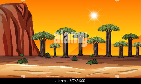 Paysage de la forêt de Savanna africaine au coucher du soleil Illustration de Vecteur