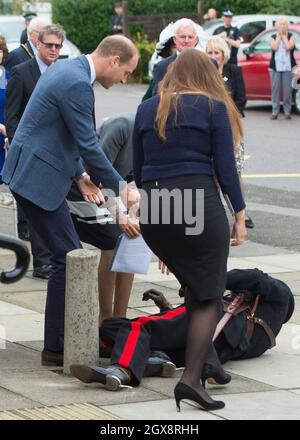 Le prince William, duc de Cambridge, se précipite à l'aide de Jonathan Douglas-Hughes, le vice-lieutenant du Seigneur d'Essex, qui est tombé alors que le couple royal arrive à l'académie des stewards à Harlow, dans l'Essex, le 16 septembre 2016. Banque D'Images