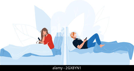 Les personnes se trouvant dans le lit et utilisant le vecteur de téléphone mobile Illustration de Vecteur