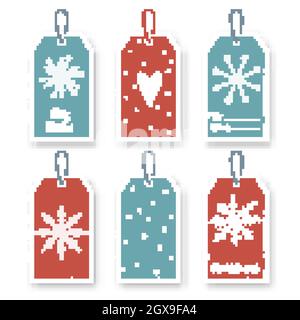 Ensemble d'étiquettes cadeau de Noël vectorielles avec éléments décoratifs sur fond bleu et rouge. Illustration de Vecteur