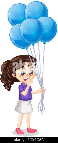 Fille avec des ballons bleus sur fond isolé Illustration de Vecteur