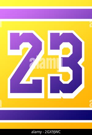 Maillot sport brillant panneau numéro 23 jaune et violet Banque D'Images